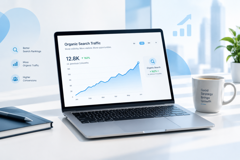 A sleek modern laptop displaying a digital marketing growth chart on a bright white office workspace background, optimized for local business visibility in Abu Dhabi.